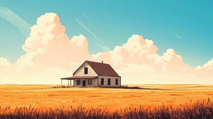 Rural Farmhouse in Golden Wheat Field Under a Sunny Sky