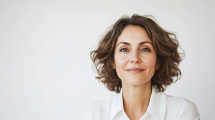 Beautiful Mid-Aged Woman in Her 50s with Glowing Skin, Close-Up Portrait on White, Emphasizing Healthy Skincare. mid-aged woman, glowing skin, healthy skincare, 50s beauty, mature