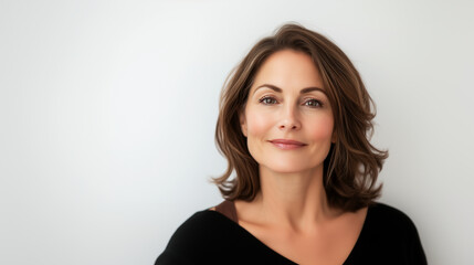 Obraz premium Beautiful Mid-Aged Woman in Her 50s with Glowing Skin, Close-Up Portrait on White, Emphasizing Healthy Skincare. mid-aged woman, glowing skin, healthy skincare, 50s beauty, mature