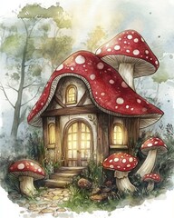 Watercolor Charming fairy tale mushroom house surrounded by whimsical nature.