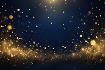 Abstract dark blue and gold particle background with Christmas golden light bokeh, shining particles on navy blue, gold foil texture, festive holiday concept