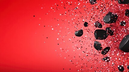 Black Rocks and Glitter Burst on Vibrant Red Background