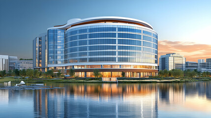 Curved Glass Building Waterfront 3D Illustration