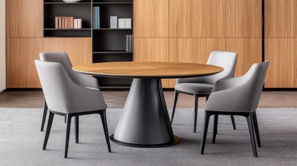 Modern Dining Area with Round Table and Stylish Grey Chairs