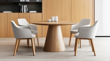 Modern Round Wooden Dining Table with Elegant White Chairs