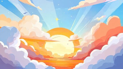 Sky anime sunset background with cartoon clouds and setting sun vector landscape. Summer evening cloudy sky dramatic scene with orange sunlight, stars, white clouds. Anime sunset or twilight panorama