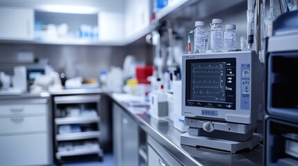 Clean operating room showcasing a syringe infusion pump with sterile medical tools and medications neatly organized for controlled medication administration