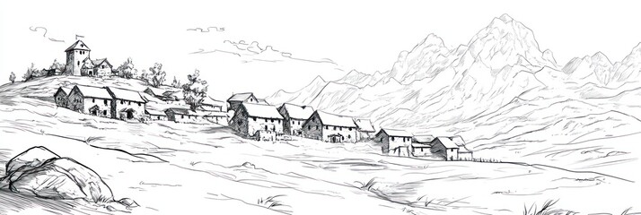 Fototapeta premium Mountain Village Sketch Showing Castle and Houses