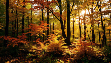 Obraz premium Autumn Forest with Sunlight Streaming Through Trees