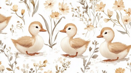 Fototapeta premium Elegant and playful pattern with beige ducklings and wildflowers, perfect for girls' designs. Ideal for cotton or linen fabrics, featuring delicate pastel colors and a charming nature-inspired theme.