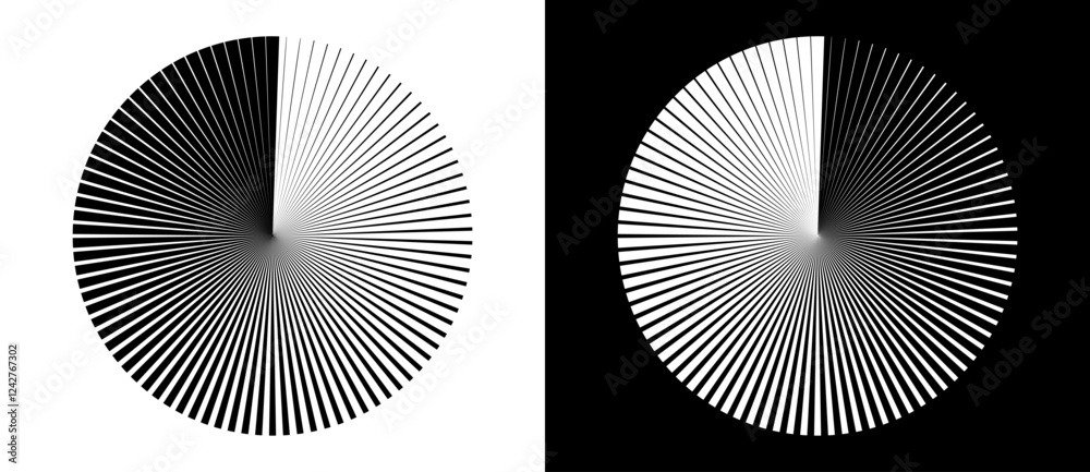 Poster Radial lines of different thickness, as a logo or abstract background. A rotating circle like a loading sign. Black circle on a white background and the same white circle on the black side.