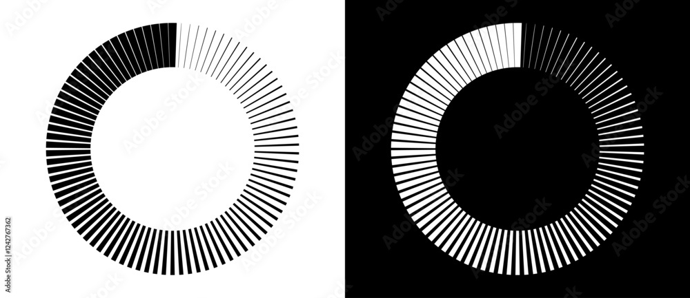 Fototapete Radial lines of different thickness, as a logo or abstract background. A rotating circle like a loading sign. Black circle on a white background and the same white circle on the black side.