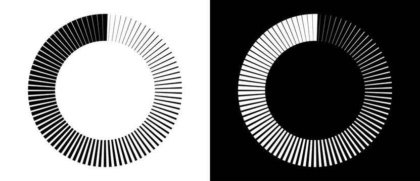 Radial lines of different thickness, as a logo or abstract background. A rotating circle like a loading sign. Black circle on a white background and the same white circle on the black side.