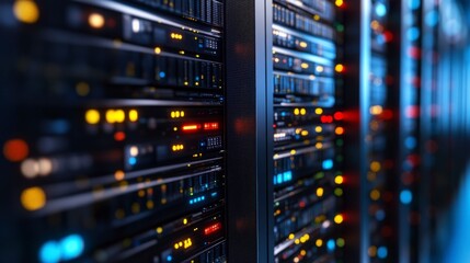 Naklejka premium Futuristic Digital Data Center with Glowing Blue and Orange Light Streams Representing High-Speed Data Transfer