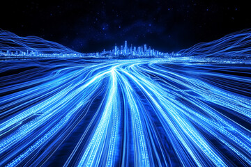 Smart city and big data connection technology concept with digital blue wavy wires with antennas on night megapolis city skyline background, double exposure. AI