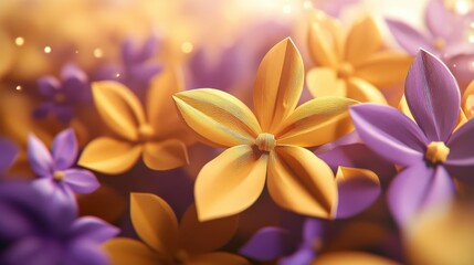Obraz premium Vibrant 3D Render of Yellow and Purple Flowers in a Warm, Dreamy Sunset Glow