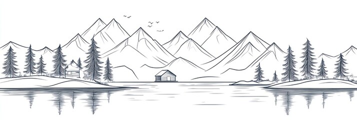 Serene Mountain Lake Cabin Landscape Drawing