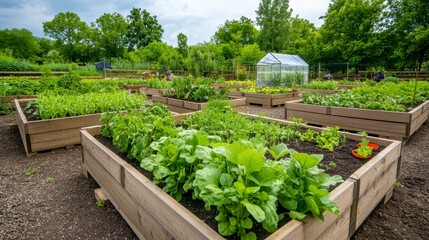 Vibrant Community Vegetable Garden with Raised Beds and Greenhouse