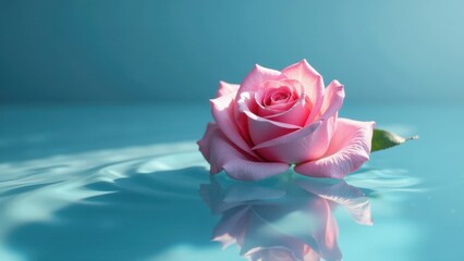 A Single Pink Rose Gently Floating on Serene Aqua Water, Reflecting Tranquility and Delicate Beauty