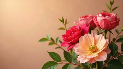 Obraz premium A Delicate Arrangement of Vibrant Roses and Peach-Colored Blooms Against a Soft Background