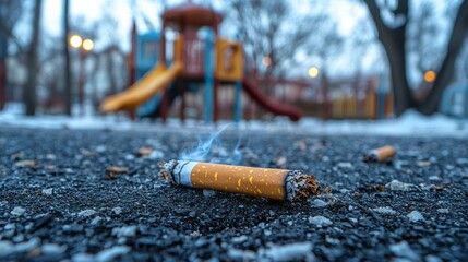 On a chilly winter evening, remnants of discarded cigarettes lie scattered near a playground, with faint wisps of smoke curling upward. The playground's vibrant colors contrast the somber scene