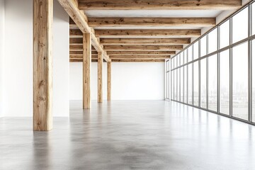 Fototapeta premium A wide-angle view of an empty, minimalist interior with wooden beams on the ceiling and concrete floors. The walls have white panels, creating a contrast against the natural wood elements. 