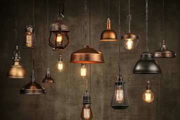 Obraz premium Industrial-style pendant lights, dark background, home decor, interior design