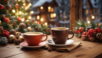 Warm cup of coffee on a wooden table amidst winter decorations , warm and inviting, snowy winter scene