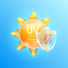 UV protection SPF 50 PA in glass shield translucent front of orange sun. Protects against UVA, UVB and ultraviolet attacks. For design cosmetic products ads. Vector.