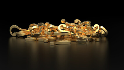 黒い背景の金属表面ゴールドの3DCG、クエスチョンマーク