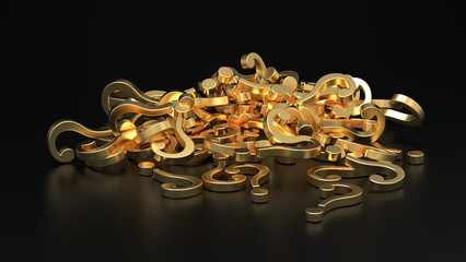 黒い背景の金属表面ゴールドの3DCG、クエスチョンマーク