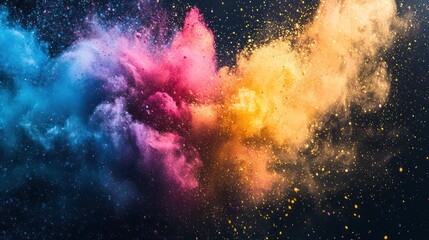 Vibrant chalk powder cloud in an explosion of colors on dark.
