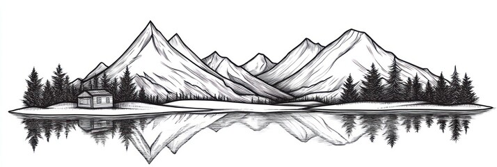 Mountain Lake Cabin Scene With Reflection In Still Water