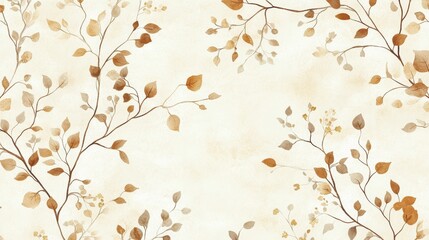 Fototapeta premium Delicate repeating pattern of small branches with leaves in soft beige and light brown, creating a serene and tranquil atmosphere. Perfect for subtle wall decoration without overwhelming the space.