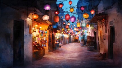 Naklejka premium Vibrant Lantern Street at Dusk