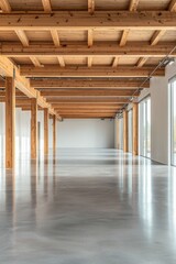 Fototapeta premium A wide-angle view of an empty, minimalist interior with wooden beams on the ceiling and concrete floors. The walls have white panels, creating a contrast against the natural wood elements. 