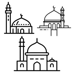 Three black outline mosque icons in different styles. Simple vector symbols of Islamic architecture isolated on white.