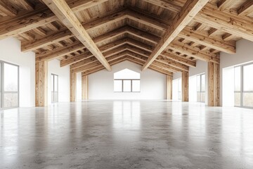 Fototapeta premium A wide-angle view of an empty, minimalist interior with wooden beams on the ceiling and concrete floors. The walls have white panels, creating a contrast against the natural wood elements. 