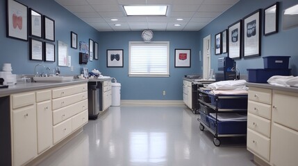 Dental office with digital Xray equipment sterilized treatment instruments and medicine trays neatly organized on carts ready for a procedure