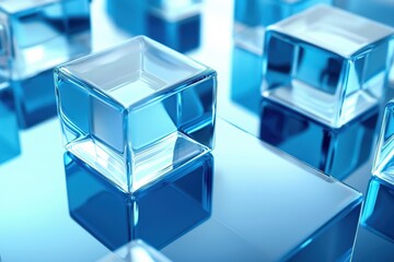 Abstract blue background featuring 3D rendered glass cubes.