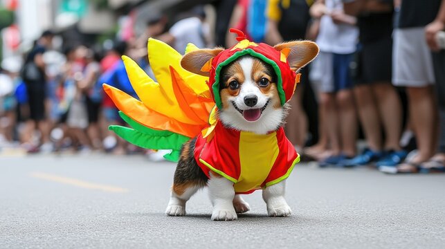 Festive dog parade urban street animal photography colorful environment close-up view joyful concept