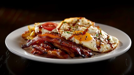Scrambled Eggs and Bacon Platter: A hearty breakfast platter with scrambled eggs, crispy bacon strips, golden hash browns, and fresh fruit slices.