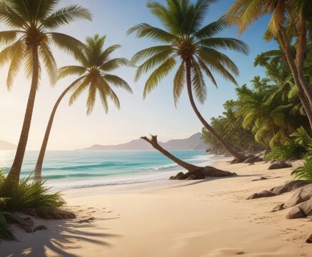 Vue d'une plage avec des palmiers et des serviettes de plage, palme, plage, plages