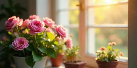 A bouquet of delicate pink roses bathed in warm sunlight near a windowsill, adding a touch of natural beauty to the home
