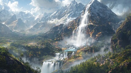 Fototapeta premium Majestic Mountain Waterfall Landscape: Breathtaking Nature Scene