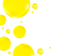 Cute glowing lemon yellow liquid bubbles or fluid jelly droplets isolated on transparent background. Cute honey, acid neon yellow presentation, beauty serum, cosmetology science, molecular concept
