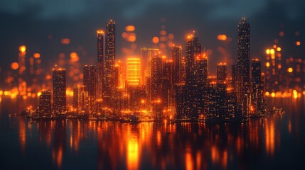 Fototapeta premium Night cityscape, futuristic city, glowing buildings, water reflection, urban fantasy, website banner
