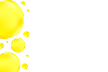 Cute glowing lemon yellow liquid bubbles or fluid jelly droplets isolated on transparent background. Cute honey, acid neon yellow presentation, beauty serum, cosmetology science, molecular concept