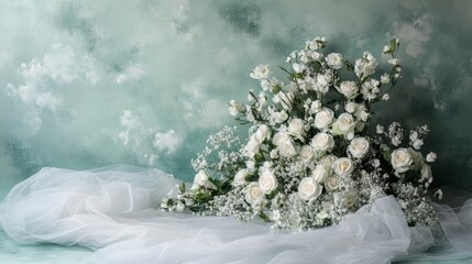 Fototapeta premium Delicate mini white roses and soft white tule in pastel mint and white tones create a dreamy, ethereal atmosphere, perfect for maternity photo studio backdrops with a soft grey background.