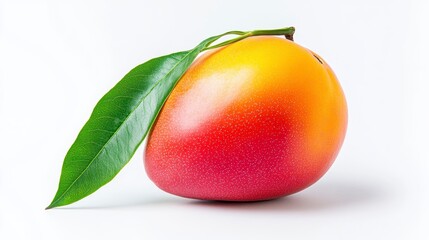 Fresh and Juicy Mango with Green Leaf on White Background